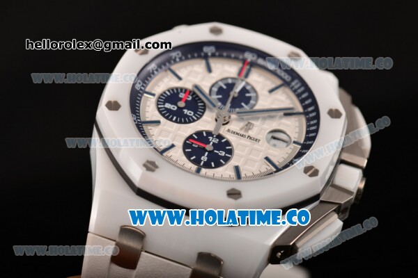 Audemars Piguet Royal Oak Offshore Chrono Swiss Valjoux 7750 Automatic Ceramic Case with Blue Stick Markers and White Dial (JF) - Click Image to Close